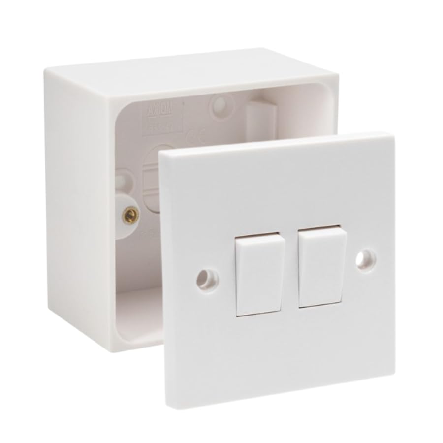 Electric Wall 10A Light Switch 1/2/3 Gang 2 Way Rocker Standard White Square - Compatible with Single 16/25/35/47mm Pattress Back Box Surface Mounted 1 Gang (2 Gang Switch, SET with 45mm Box) — image 1
