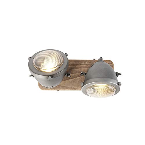 Qazqa Plafón industrial acero madera orientable 2-luces - EMADO/Acero Alargada Adecuado para LED Max. 2 x 25 Watt