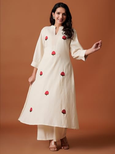 Image of INDO ERA Women's's Pure Cotton Embroidered Kurta Women | Floral Neck & Hem Embroidery | Cotton Kurta Women |