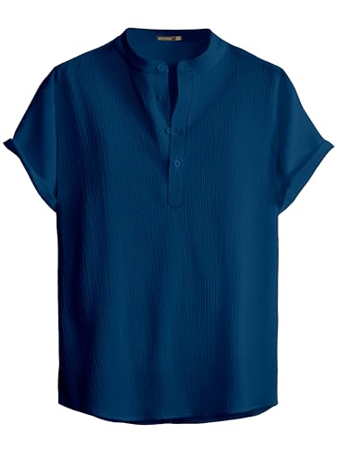 Image of Men Shirt | Black Solid Textured Casual | Regular Fit | Short Sleeve | Mandarin /Chinese Collar | Cotton Fabric | Stylish Office Summer Wear Shirt for Men