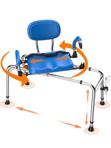 Chaise de Douche pivotante 360° et coulissante, Charge Max 204 kg. Siège de Transfert Baignoire, Hauteur réglable, accoudoirs et Pieds antidérapants Inclus. (Bleu foncé)