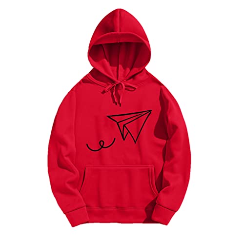 Pull à capuche pour homme rouge M avec imprimé avion en papier casual