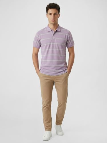 Image of Raymond Men Modern Fit Stripe Pattern Pure Cotton Polo Neck Half Sleeve Casual T-Shirt