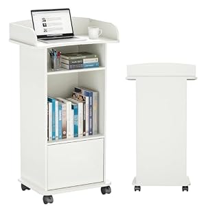 SOCOMFAY Holz-Rednerpult, Stehpult mit Rollen, Rednerpult mit 3 Ablageflächen, Podium für Kirchen, Vorträge, Schulen und Seminare (Weiß)