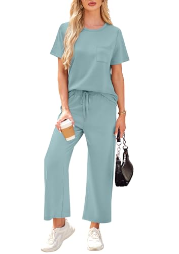 Image of WIHOLL 2 Piece Sets for Women Casual Summer Travel Vacation Outfits Short Sleeve Wide Leg Crop Pants Lounge Sets