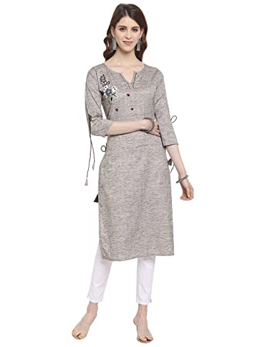 Image of EthnicJunction Women's Cotton Blend Floral Thread Work Embroidery Straight Kurta