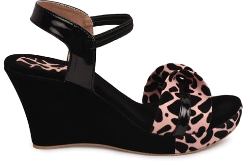 Image of Action Women's Platform Stiletto Sandals| Suede with Animal Print Bow| Heel| Open Toe| Black