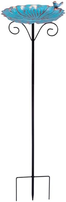 Napco Imports Outdoor Yard Statue Garden Décor Bird Bath Feeder 32.5 Inch Metal Blue Flower Dish with Bird Figurine
