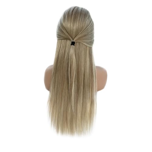 Image of 28 Inch Ombre Ash Blonde Highlights Lace Front Wig Human Hair for White Women 180% Density Tiny knots 13x4 Lace Frontal Pre Plucked Real Remy Wear and Go Glueless Wigs Straight Natural Hairline