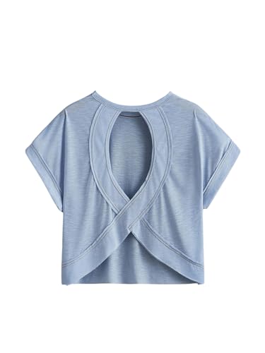 Image of SOLY HUX Women Open Back Tops Workout Backless Tee Casual Athletic Shirts Short Sleeve Oversized Gym T Shirt
