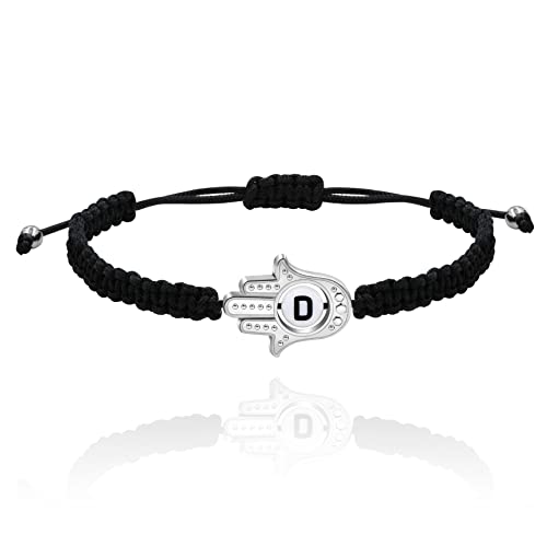 Image of Uloveido Customized A to Z 26 Letters Hand of Fatima Bracelet - Fatima Hamsa Hand Evil Eye Protection Bracelet Lucky Charm Adjustable Braided Black String