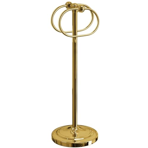 CALUCAB 304 Stainless Steel Free Standing Bathroom Towel Rack & Towel Ring - 16Inch Non-Slip Base Floor Standing Towel Holder with Double Oval Rings for Bathroom, Bathtub (Shine Gold)