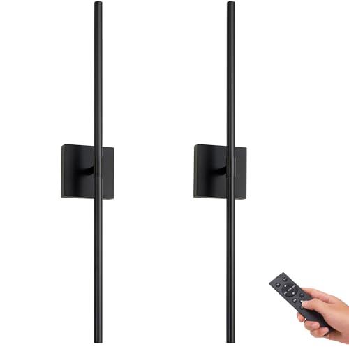 Battery Operated Black Wall Sconces Set of Two, 30" Wireless Dimmable LED Wall Lights with Remote Control, 3 Color Stepless Dimming 360° Rotate Sconces Wall Decor for Living Room Bedroom Stairs