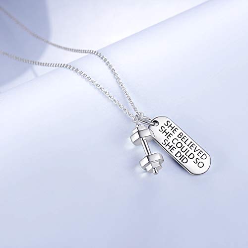 YFN Sterling Silver Strong Is Beautiful She Believe She Could So She Did Engraved Dumbbell Barbell Gym Buff Pendant Necklace 18"4
