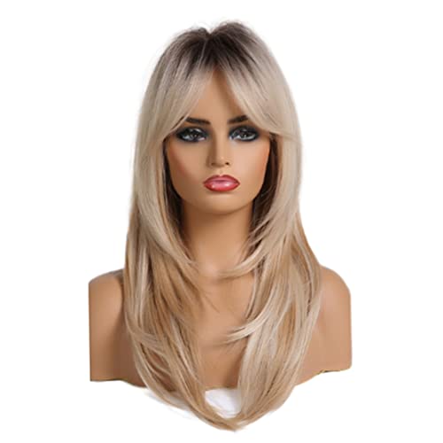 Perruque blonde longue et droite : la solution coiffure naturelle avec racines foncées pour femme