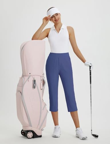 Image of baleaf 20'' Women Capris with Pockets Stretch Golf Work Dress Cropped Pants Straight Leg High Waisted Pull On Summer