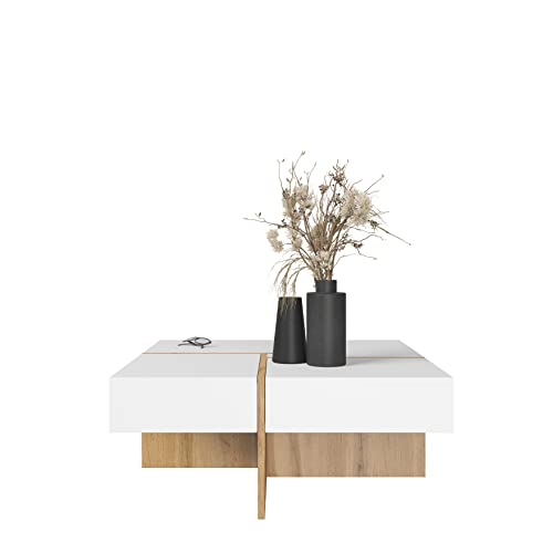 BIM Furniture Table Basse Draw 85 cm Table d'appoint avec étagère en Bois de chêne Blanc Mat