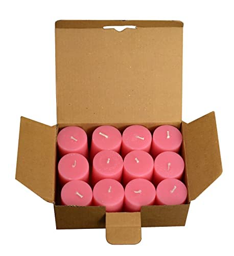 Stone & Feather, Small Pink Pillar Candle Unscented, Pack of 12, Size 1.5x2 Hand Poured, Smoke-Less, Long Burning time 8 Hours for Party and Event Decoration., Paraffin Wax