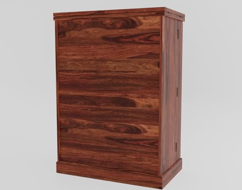 Image of Solid Sheesham Wood Bar Unit Cabinet with Storage Bottle Shelves & Built-in Glass Holder Wooden Drink Wine Rack Organizer for Living Room, Home & Lounge Dining Cupboard Liquor Furniture