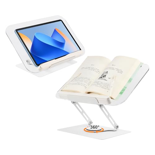 Dokeno Atril para libros,Soporte libros,Atril Para Libros con Clips para Leer,Soporte ajustable con base giratoria de 360°,Atril libros,Soporte de Libro para Lectura,para Libros,Recetas,Partituras