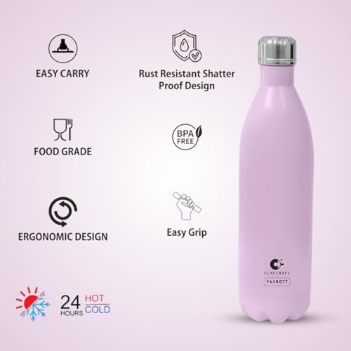 Image of CLAY CRAFT VACBOTT Stark Double Walled 18 Hours Hot and 24 Hours Cold Water Flask Bottle-1000ML, 2-Piece(Blush Pink) Leak Proof|Easy to Carry|Gym Bottle|Home|Kitchen|Hiking|Travel Bottle|BIS Certified