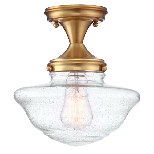 Image of Design House Vintage-Inspired Schoolhouse Semi-Flush Mount Ceiling Light, 9 in x 9 in x 10 in, Satin Gold, Clear Seeded Glass Shade, 588491
