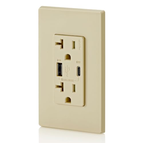 Image of Leviton T5834-I 60W (20V@2.5A+ 5V@2A) USB Dual Type A /Type-C Power Delivery in-Wall Charger with 20A Tamper-Resistant Outlet, USB Charger for Smartphones, Tablets, Laptops, Ivory