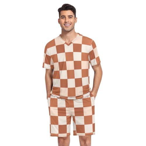 Camisas de pijama para hombre camiseta de dormir manga corta cuadros marrón blanco talla S
