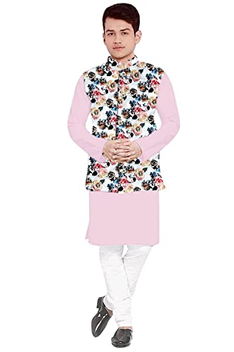 Image of Os Men's & boy kurta pyjama set with nerhu jackets (Multi printed) in cotton (baap beta|father son|)