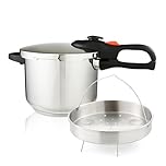 GEEPAS 6L Stainless Steel Pressure Cooker | Induction Hob Compatible Cooker | Quick Pressure Release Dual Handles for Fast Cooking at Home or in Catering Kitchens Energy Efficient Safety Lock Silver