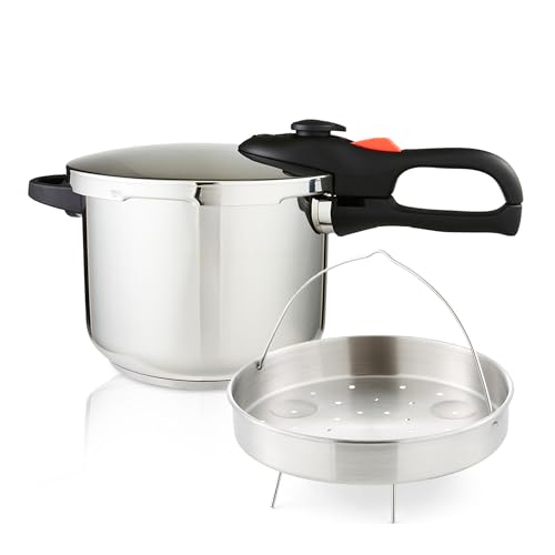 GEEPAS 6L Stainless Steel Pressure Cooker | Induction Hob Compatible Cooker | Quick Pressure Release Dual Handles for Fast Cooking at Home or in Catering Kitchens Energy Efficient Safety Lock Silver