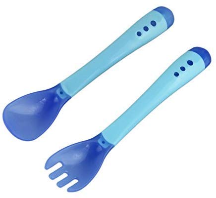 Jingle Kids Heat Sensitive Silicone Spoon & Fork Set I Temperature Sensing & Color Changing Silicone Spoon & Fork Pack for Baby/Infants/Toddlers (Blue)