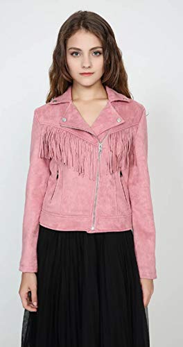 Chartou Women's Stylish Notched Collar Oblique Zip Suede Leather Moto Jacket (Large, Tassel-Pink) #TOP3