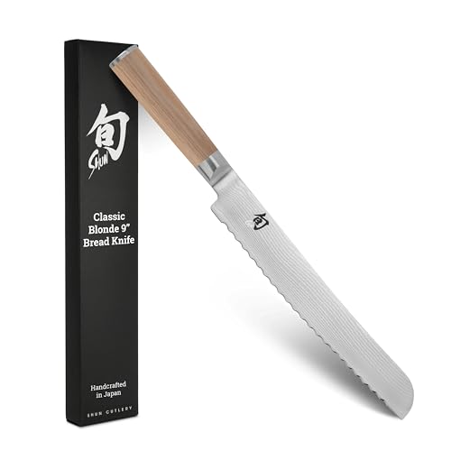 Shun Classic Blonde 9" Bread Knife, Handcrafted Japanese Serrated Knife, VG-MAX Core with Damascus Stainless Steel Cladding, Pakkawood Handle, Slicing Tool for Professional and Home Chefs