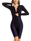ECUPPER Women Long Sleeve One Piece Swimsuit Boyleg Zipper Rash Guard Bathing Suit Coverage Surfing Swimwear Built in Bra Black Medium