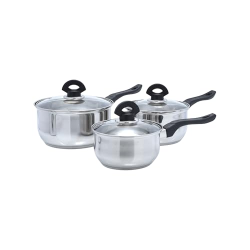 Buckingham Premium 3 Pieces Saucepans Set with Glass Lid Stainless Steel Bakelite Handles and Even Heat Distribution