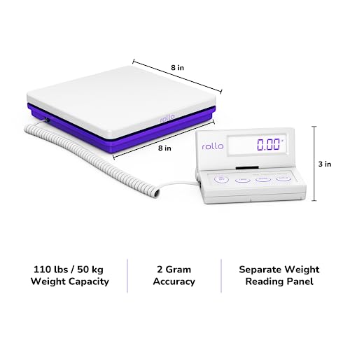 rollo shipping scale for packages - digital shipping postal scale 110 lb max - hold and tare functions - includes ac adapter and 2x aaa batteries