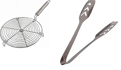 Wofier Barbeque Jali Roti Roast Grill Papad Roaster Chapati Toast Grill Wooden Handle Paneer Tandoor Net-Round With Stainless Steel Momo Tong
