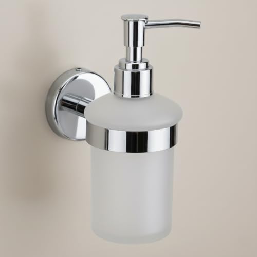 Image of Premium Wall Mounted Liquid Soap Dispenser - 304 Stainless Steel Holder with Frosted Glass Bottle | Rust-Proof Hand Wash Pump for Bathroom, Kitchen, & Wash Basin (Round 2910)