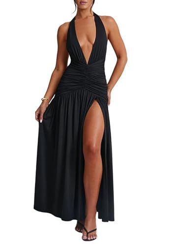 Image of Famnbro Womens Sexy Halter V Neck Dress Sleeveless Low Back Side Slit Summer Party Cocktail Club Maxi Dresses