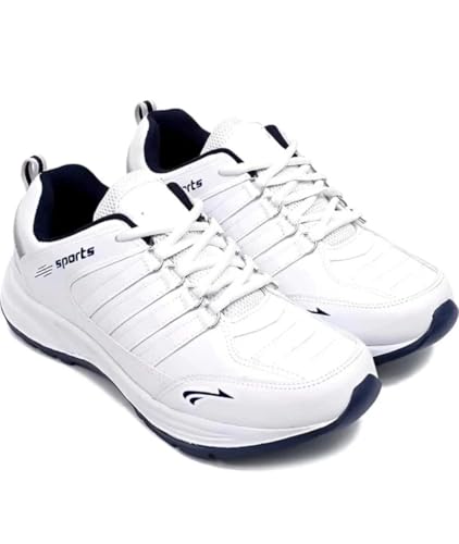 Image of Men's Sports Running Shoes, White and Navy, Memory Foam Insole, Lace-up Closure, Size 6 UK