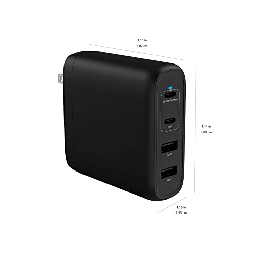 Image of Amazon Basics 100W Four-Port GaN Wall Charger with 2 USB-C (100W, 18W) & 2 USB-A Ports (12W), PD 3.0, Foldable Plug, Portable Multi-Device Charging for Laptops, Tablets & Phones, Non-PPS,Black