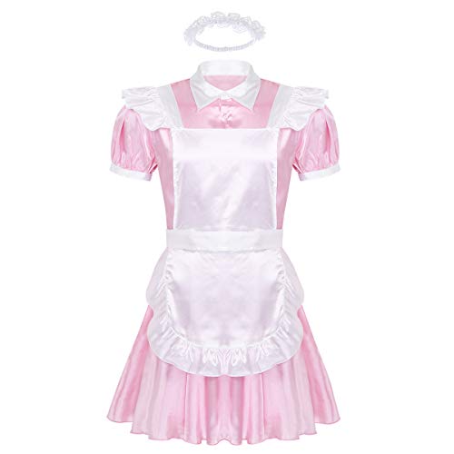 Yartina Men's Silky Satin French Maid Dress Sissy Crossdressing Lingerie Nightwear Pajamas