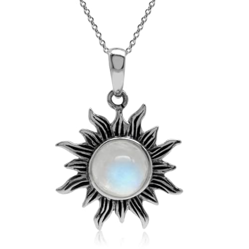 Silvershake 8MM Natural Moonstone 925 Sterling Silver Sun Ray Inspired Pendant with 18 Inch Chain Necklace