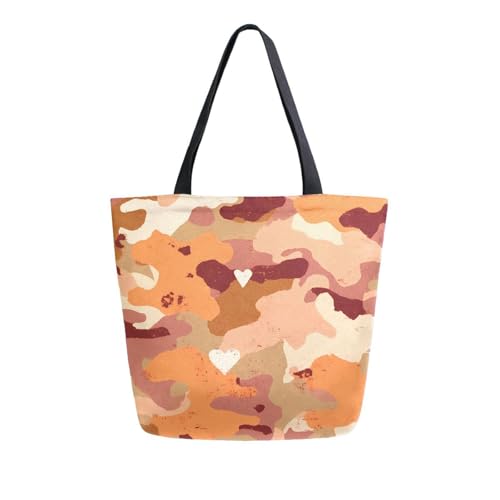 Extra Large Shoulder Tote Bag for Beach Travel Weekender Gym Coral Camouflage Heart Pattern Reusable Grocery Canvas Shopping Bag