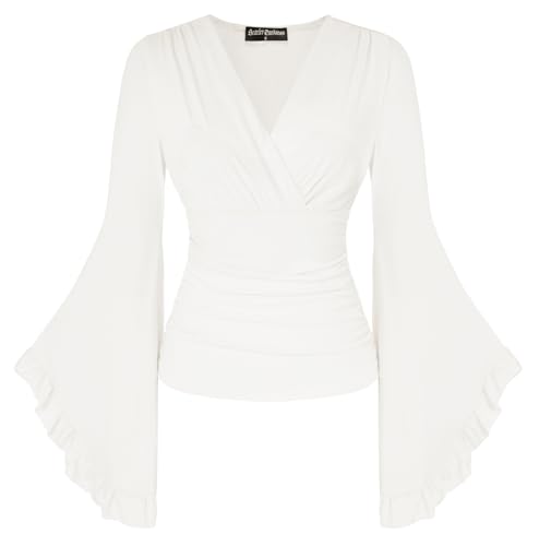 SCARLET DARKNESS Damen Renaissance Trachtenbluse Vintage V Ausschnitt Plissee Oberteile Beige L