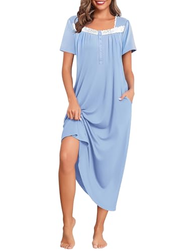 Image of Ekouaer Long Nightgowns for Women Short Sleeve House Dress with Pockets