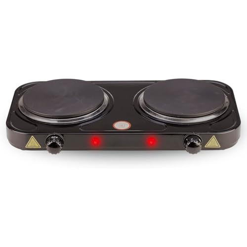 Fornello Elettrico Da 2500W Con 2 Piastre in Ghisa da 18.5 cm e 15.5 cm Termostato a 5 Livelli Struttura in Acciaio Verniciato Compatto e Portatile per Casa Camper e Campeggio 48 × 23.5 × 7 Cm Nero