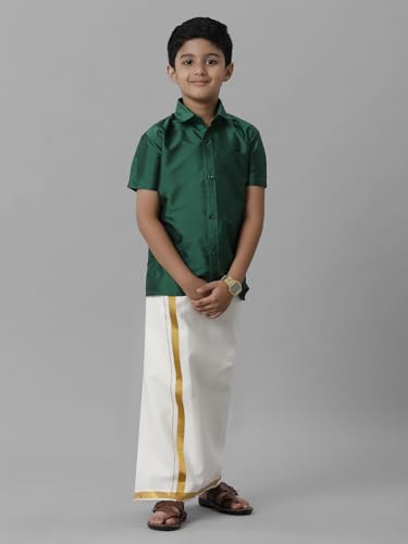 Image of RAMRAJ COTTON Boys Silk Cotton Shirt With Adjustable Cream Dhoti Perfect For Ceremonies| Festivals| And Special Occasions