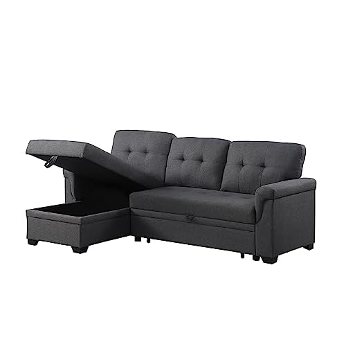 84 inch L-Shape Sectional Sleeper Sofa with Chaise Storage and Pull-Out Bed, Tufted Linen Backrest, Reversible 3-Seater for Living Spaces, Dark Grey